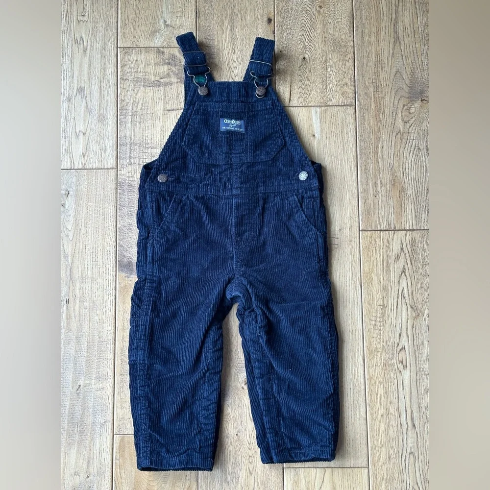 OshKosh B’gosh Navy Blue Corduroy Plaid Lined Overalls size 18 Months